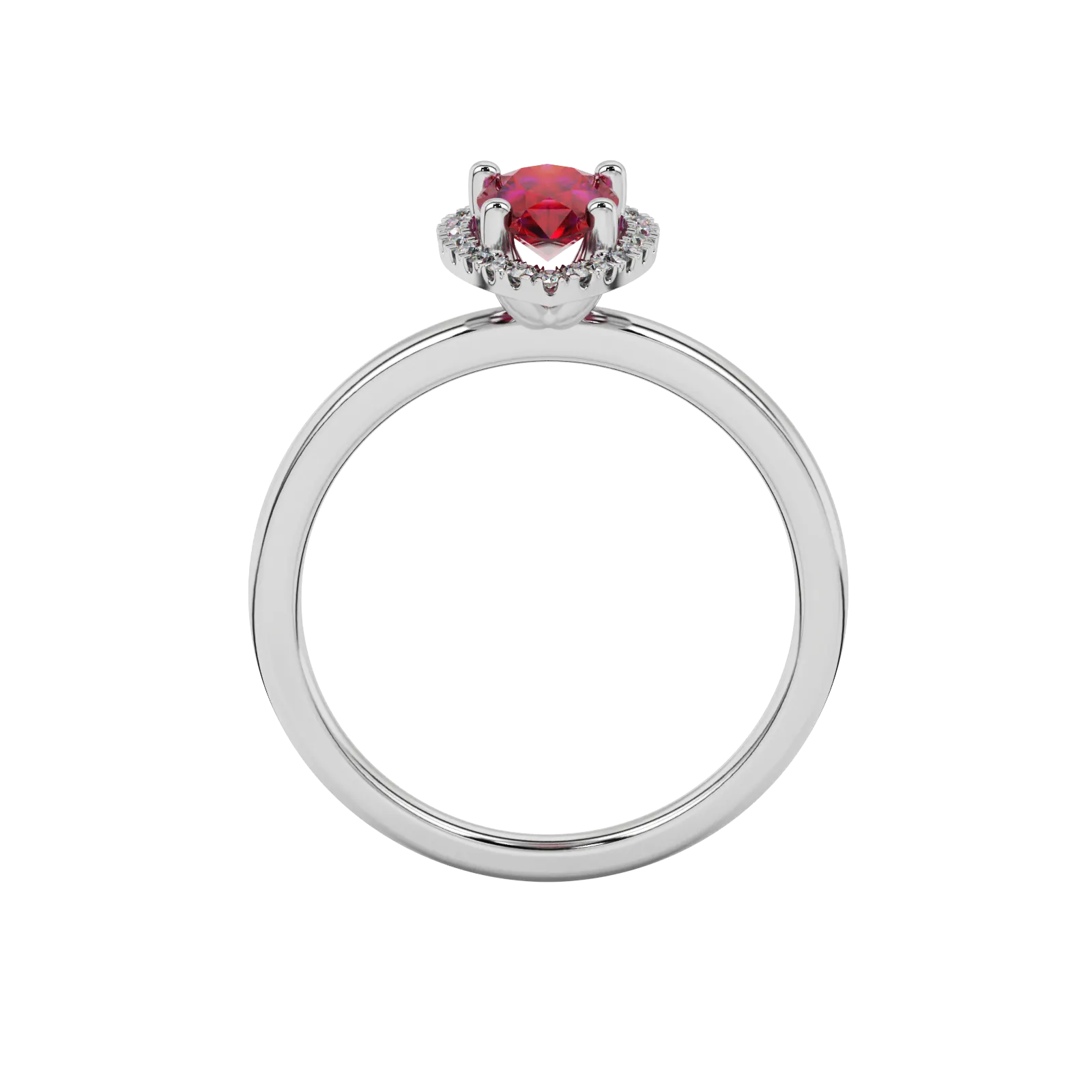 Pear shape raspberry red gemstone ring, white gold french pavé halo setting.