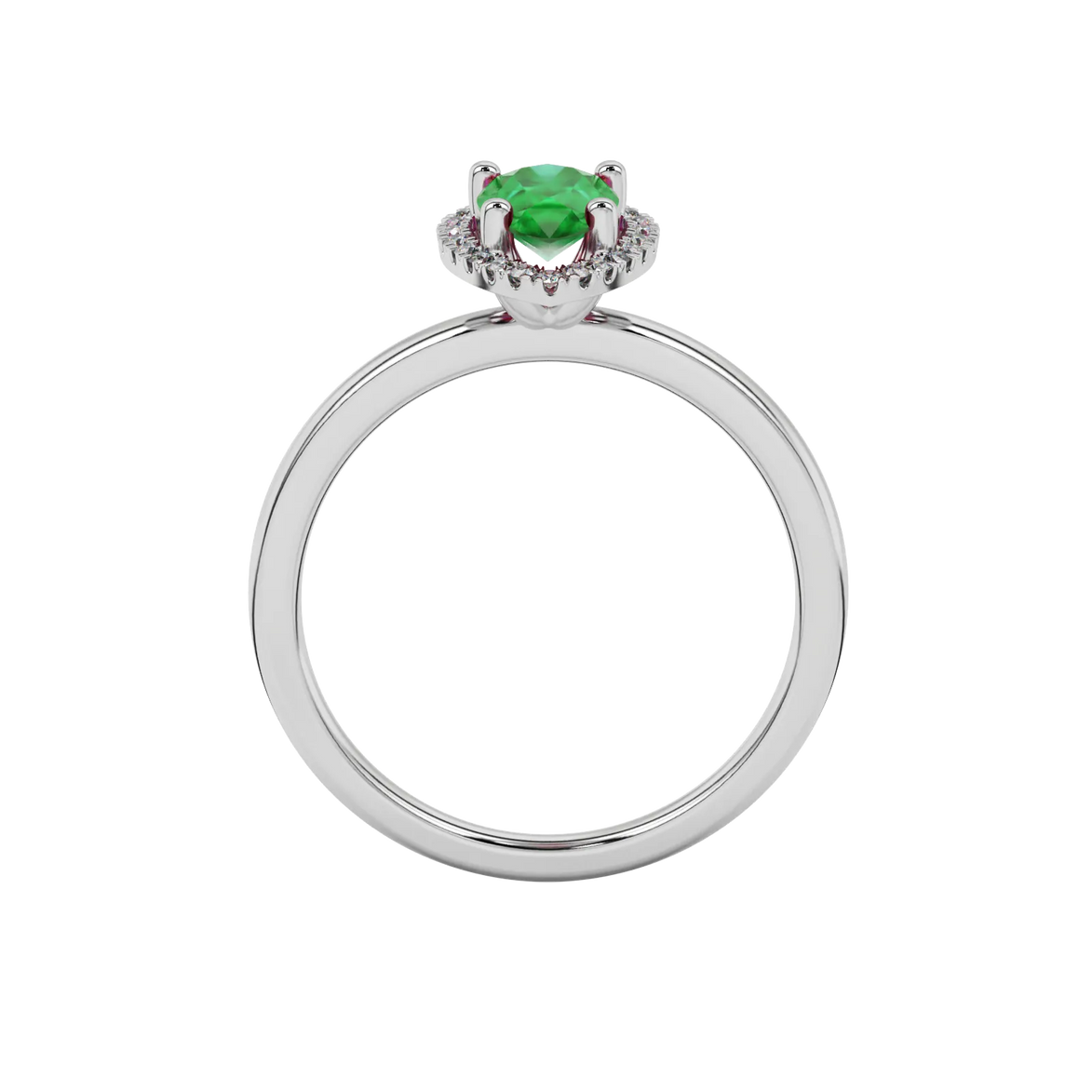 Pear shape emerald green gemstone ring, white gold french pavé halo setting.