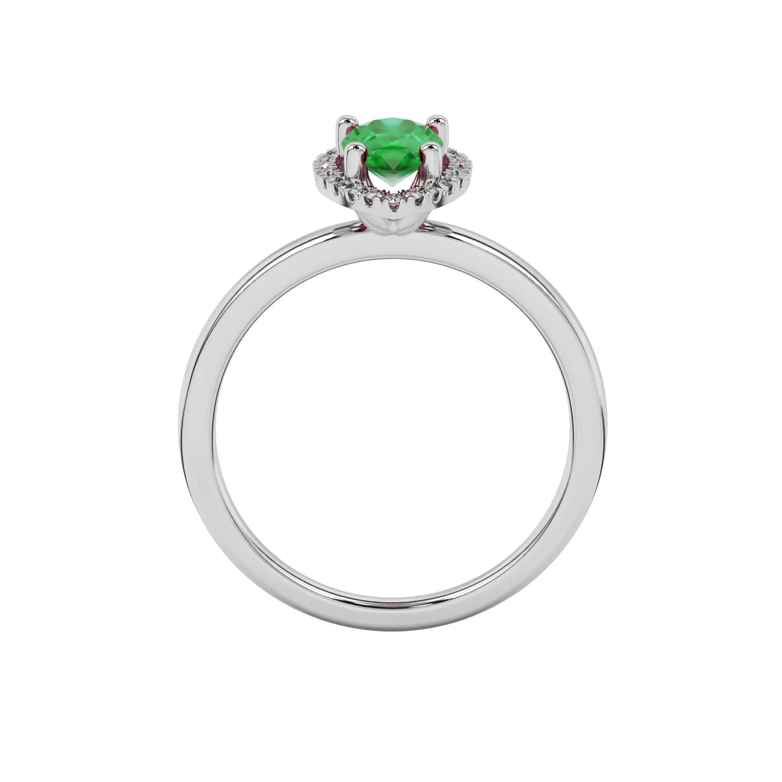 Pear shape emerald green gemstone ring, white gold french pavé halo setting.