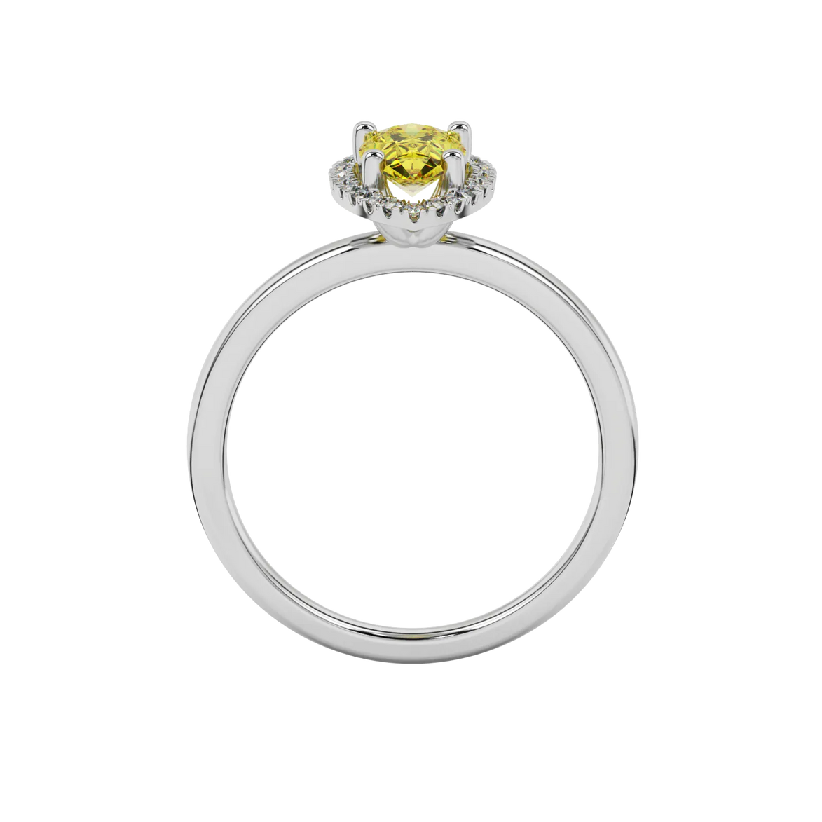 Pear shape canary yellow gemstone ring, white gold french pavé halo setting.