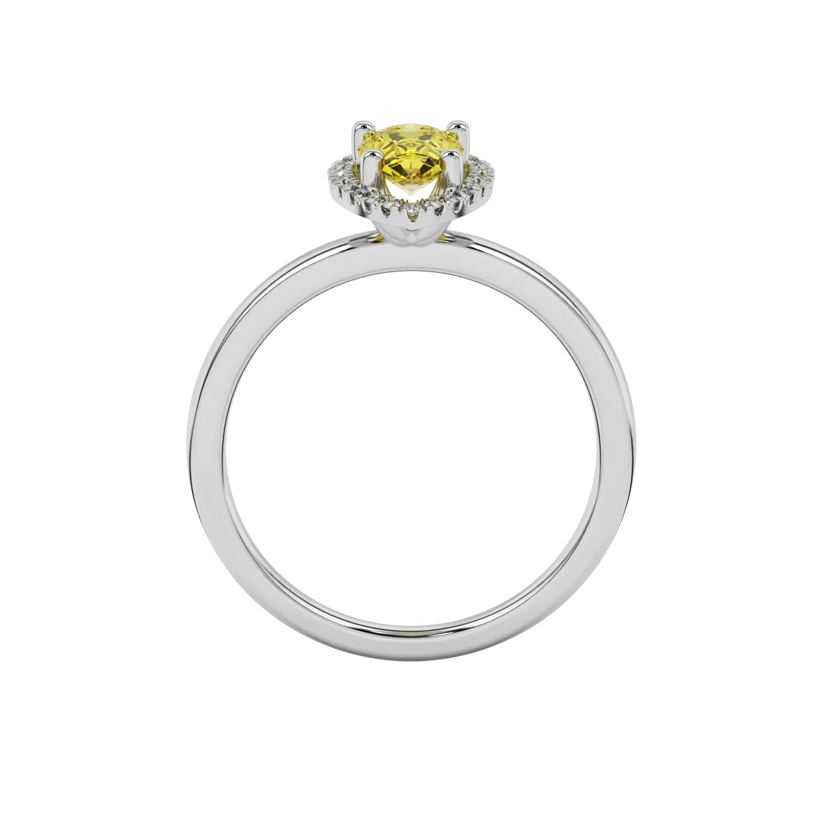 Pear shape canary yellow gemstone ring, white gold french pavé halo setting.