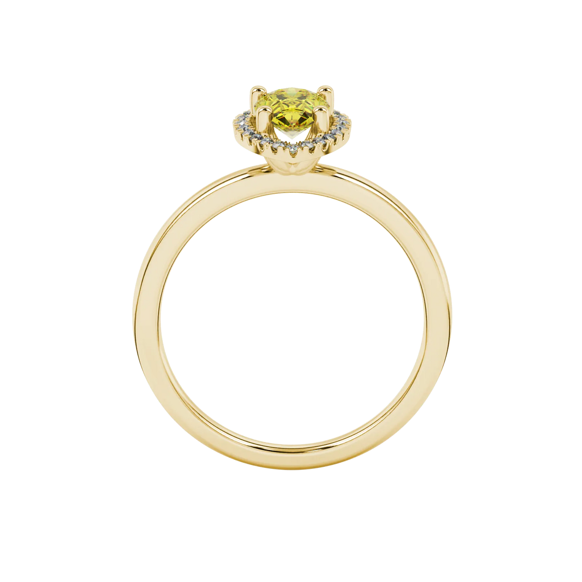 Pear shape canary yellow gemstone ring, yellow gold french pavé halo setting.
