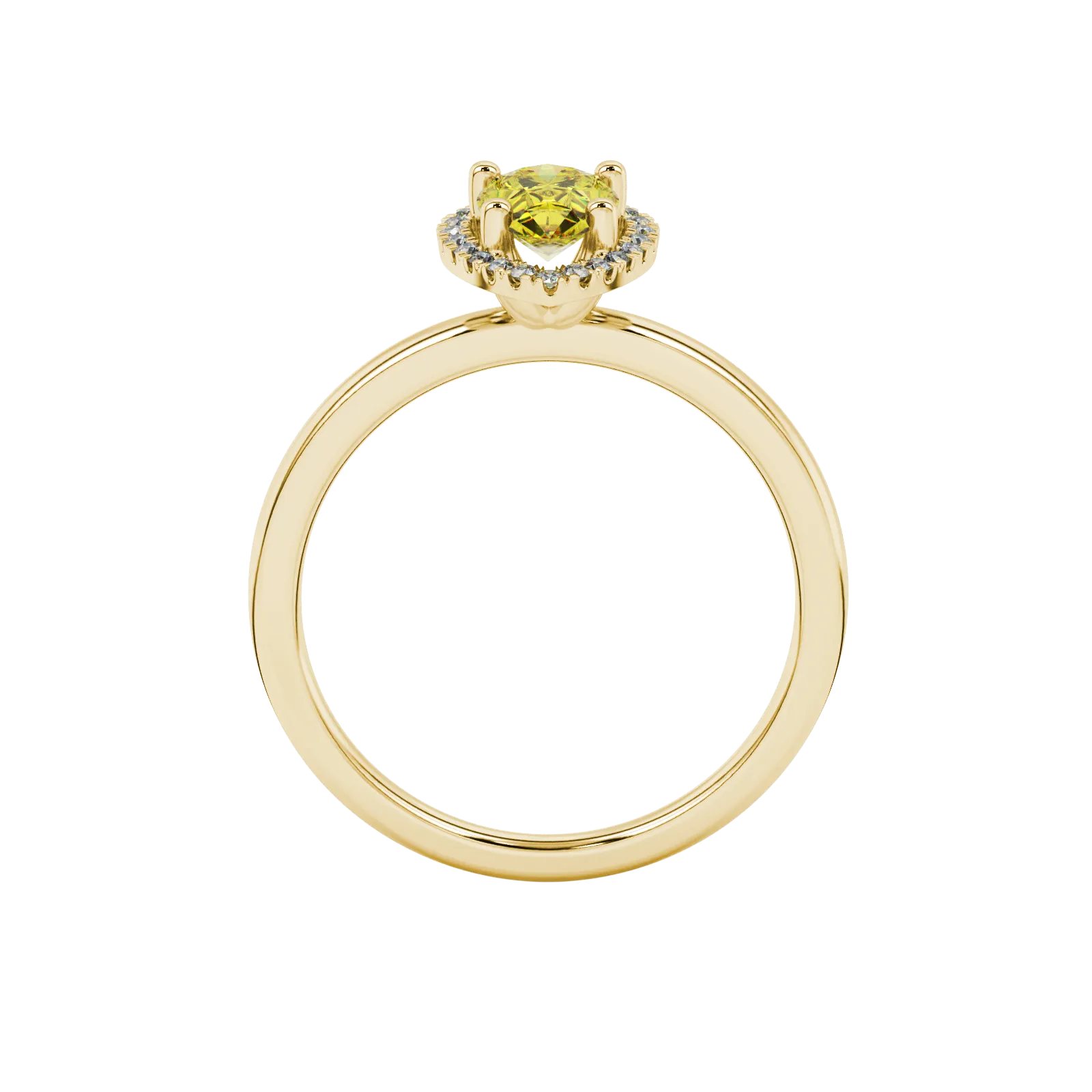 Pear shape canary yellow gemstone ring, yellow gold french pavé halo setting.