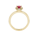 Pear shape raspberry red gemstone ring, yellow gold french pavé halo setting.