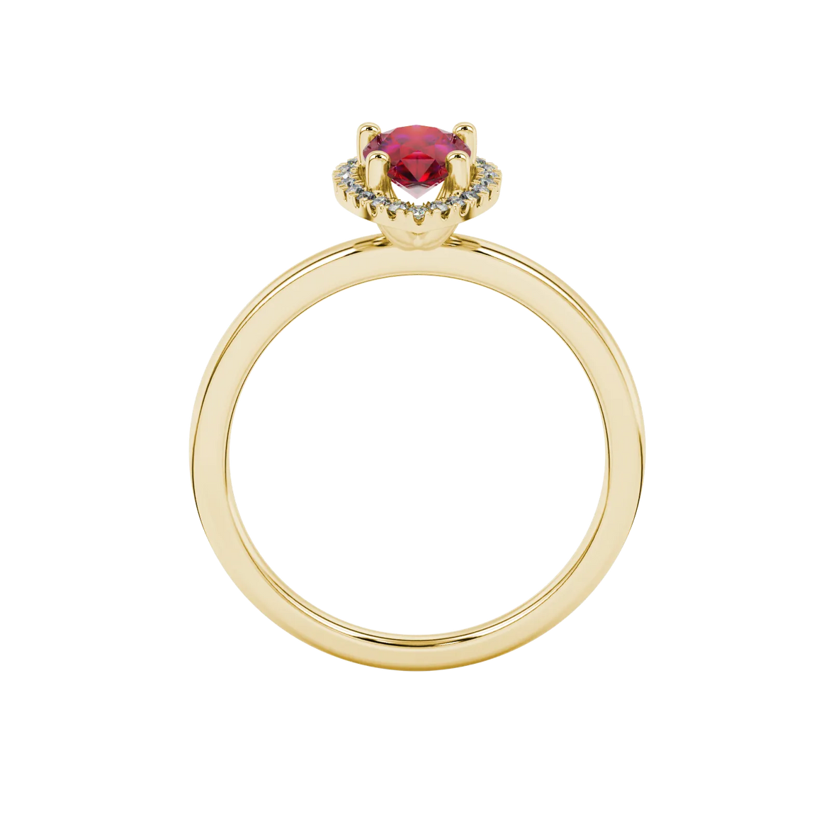 Pear shape raspberry red gemstone ring, yellow gold french pavé halo setting.