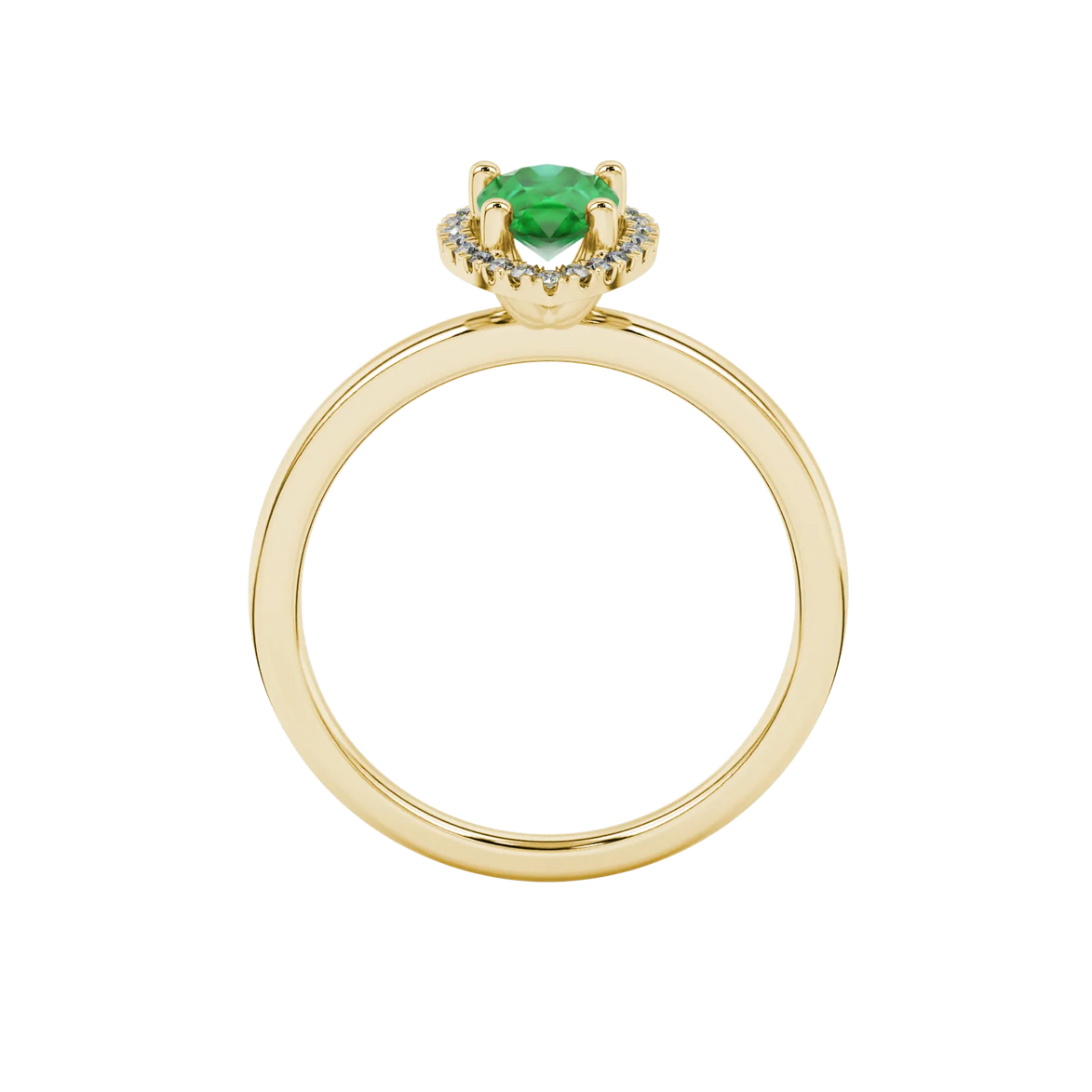 Pear shape emerald green gemstone ring, yellow gold french pavé halo setting.