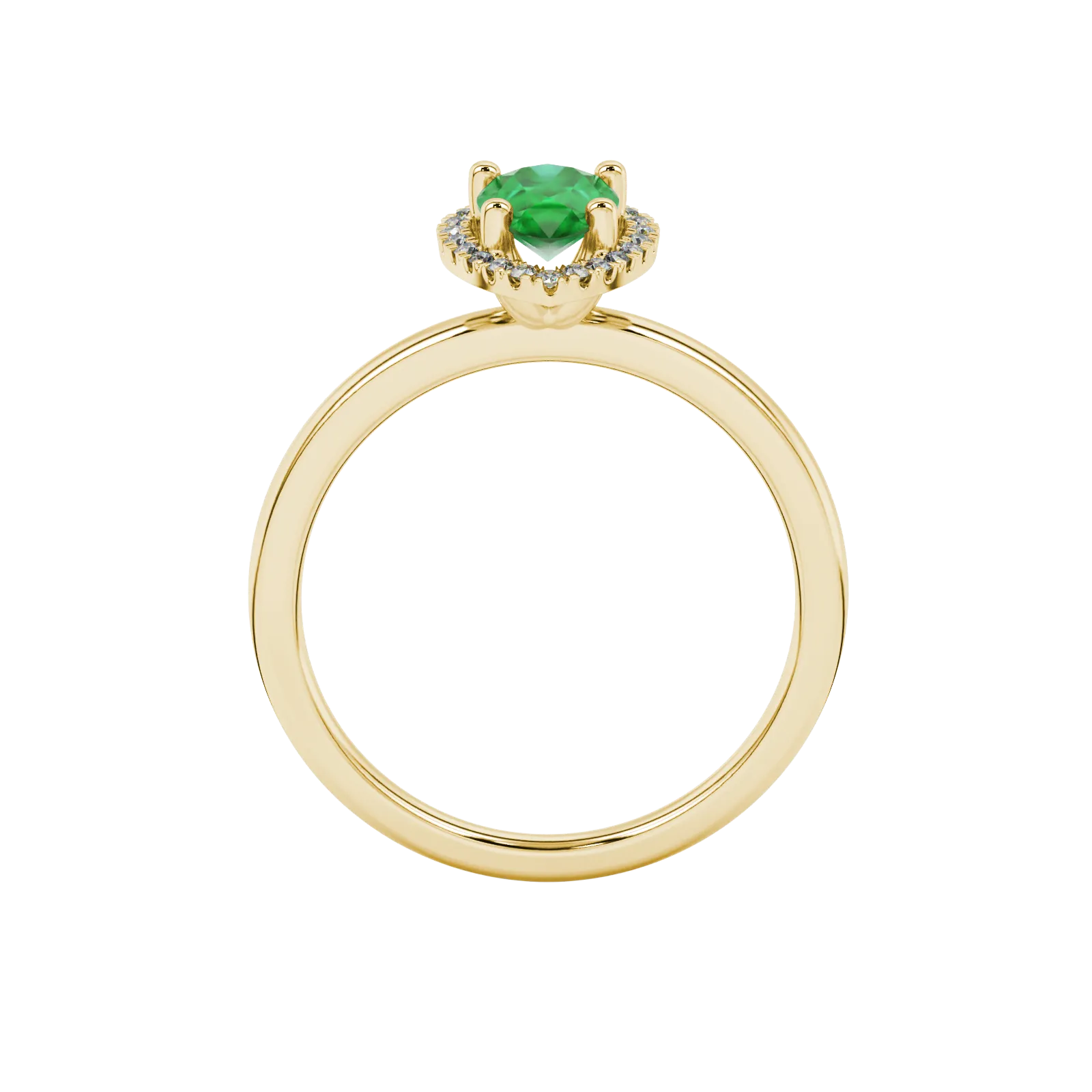 Pear shape emerald green gemstone ring, yellow gold french pavé halo setting.