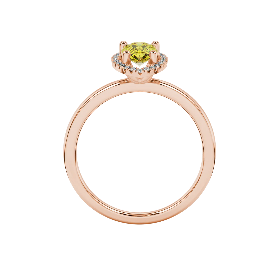 Pear shape canary yellow gemstone ring, rose gold french pavé halo setting.
