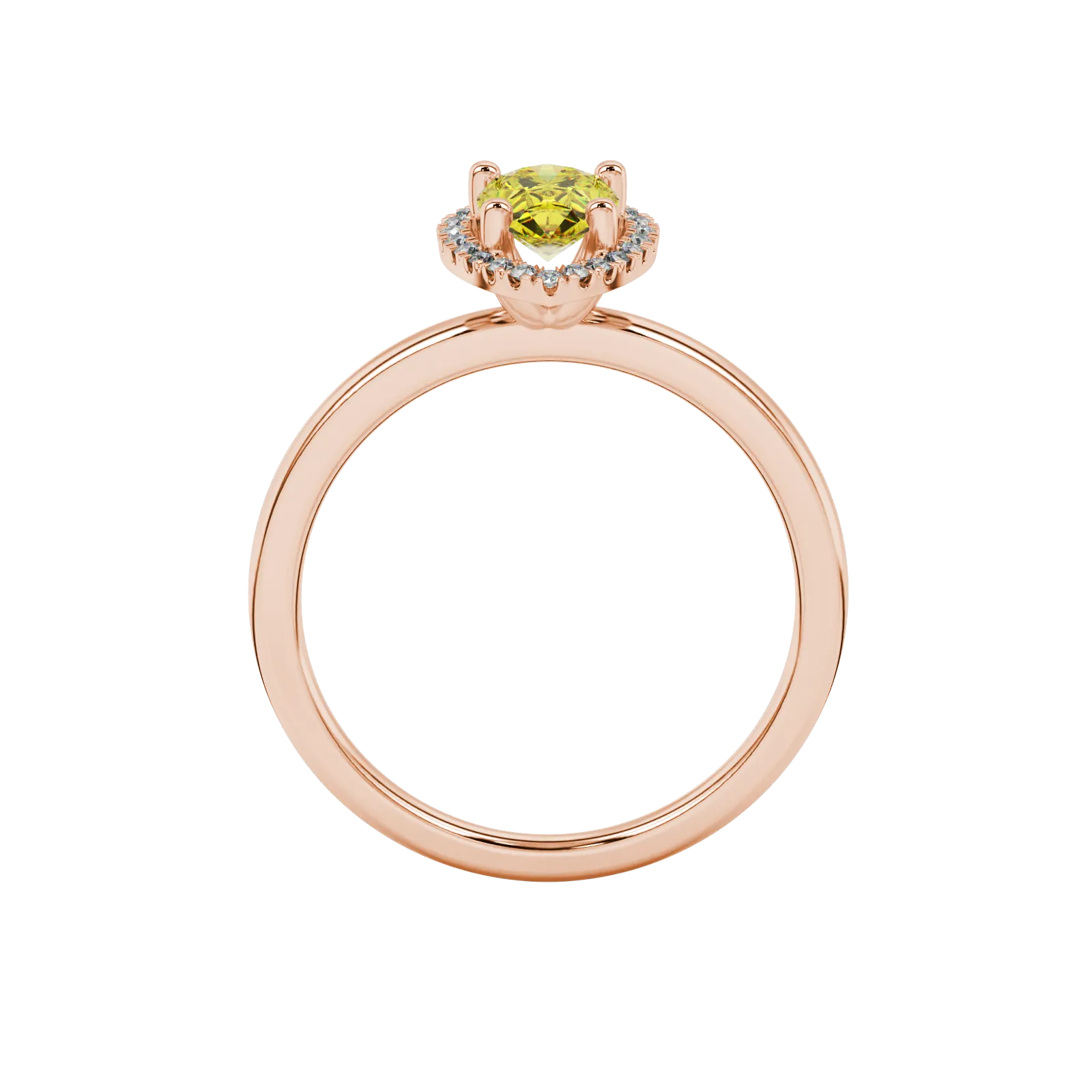 Pear shape canary yellow gemstone ring, rose gold french pavé halo setting.