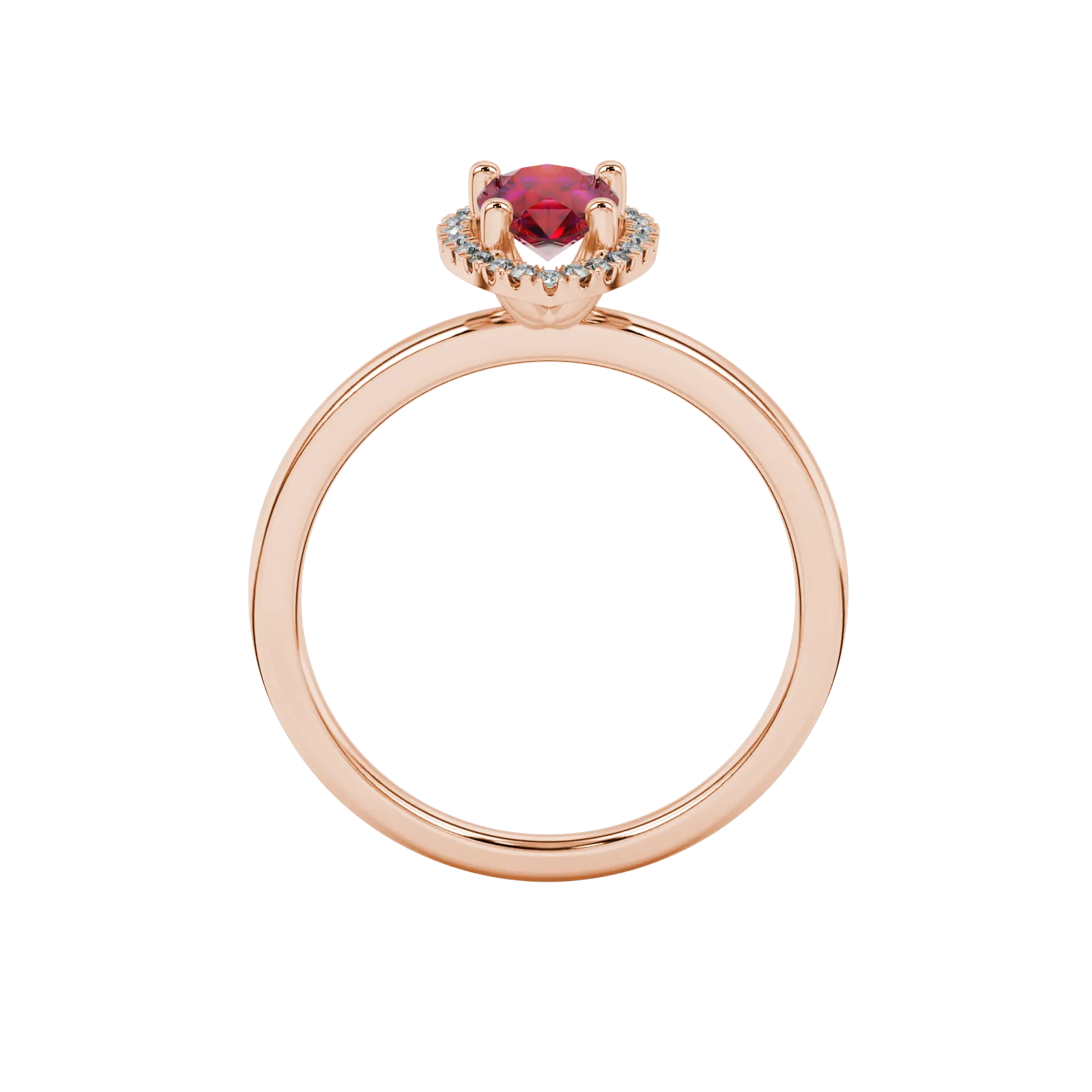 Pear shape raspberry red gemstone ring, rose gold french pavé halo setting.