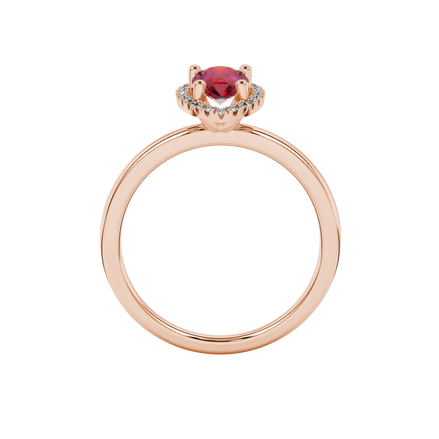 Pear shape raspberry red gemstone ring, rose gold french pavé halo setting.