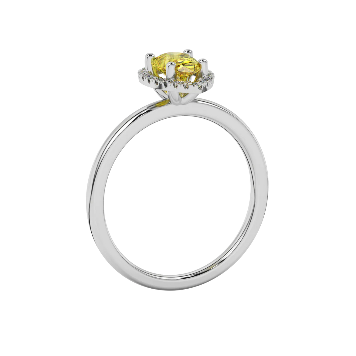 Side profile, white gold canary yellow ring, french pavé halo gallery.