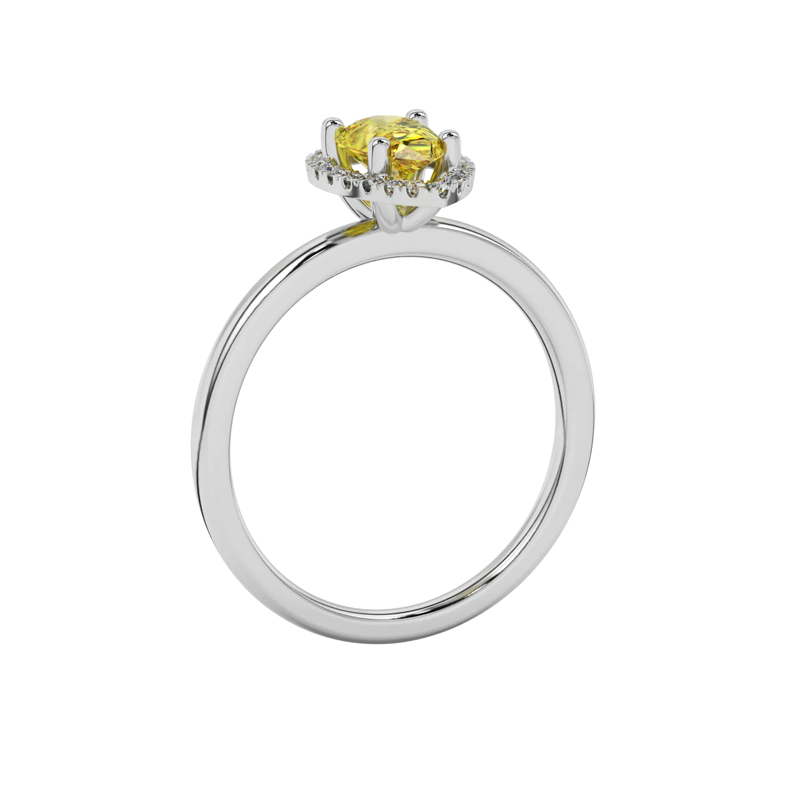 Side profile, white gold canary yellow ring, french pavé halo gallery.