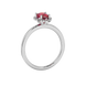 Side profile, white gold raspberry red ring, french pavé halo gallery.