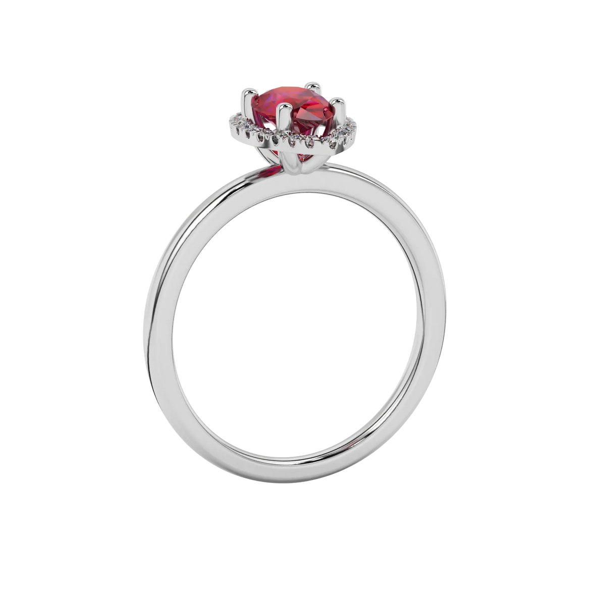Side profile, white gold raspberry red ring, french pavé halo gallery.