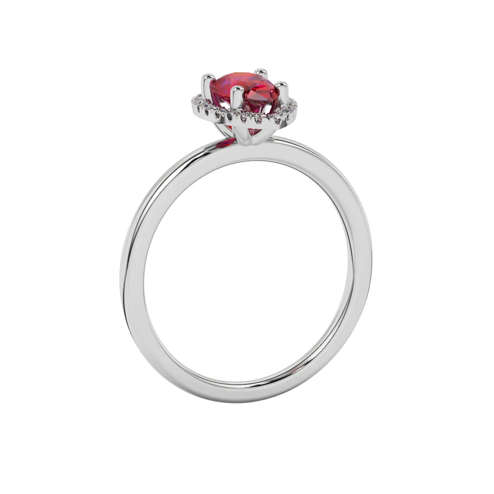 Side profile, white gold raspberry red ring, french pavé halo gallery.