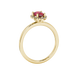 Side profile, yellow gold raspberry red ring, french pavé halo gallery.