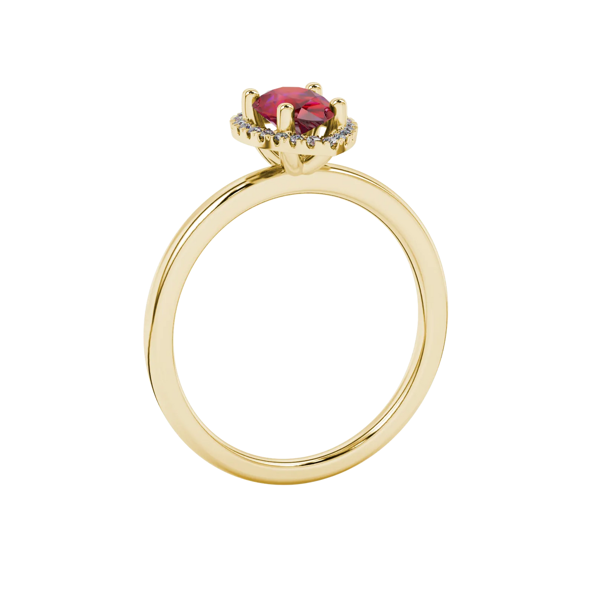 Side profile, yellow gold raspberry red ring, french pavé halo gallery.