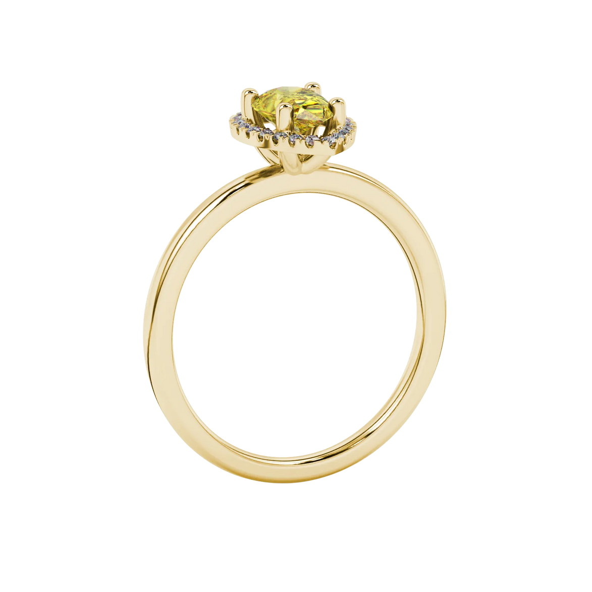 Side profile, yellow gold canary yellow ring, french pavé halo gallery.
