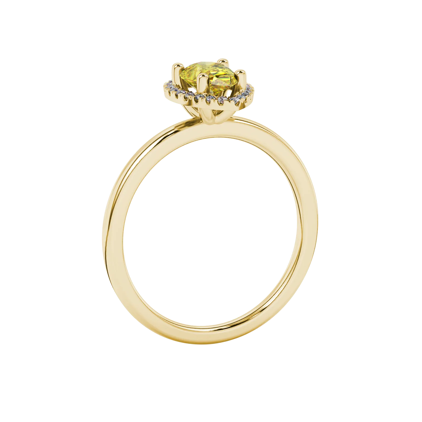 Side profile, yellow gold canary yellow ring, french pavé halo gallery.
