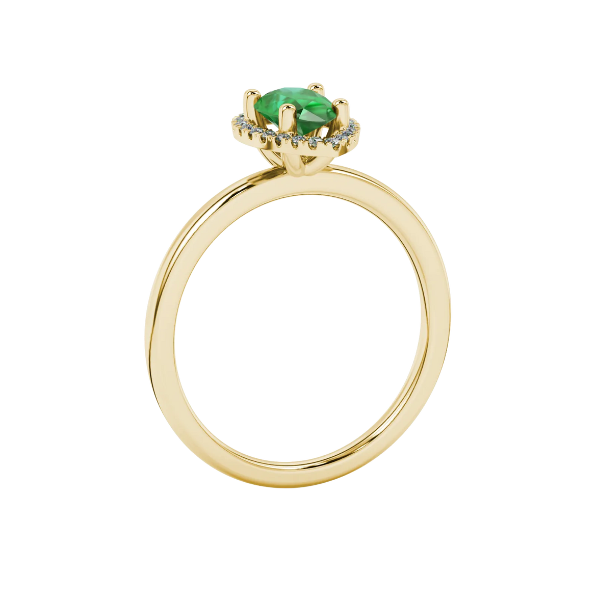 Side profile, yellow gold emerald green ring, french pavé halo gallery.