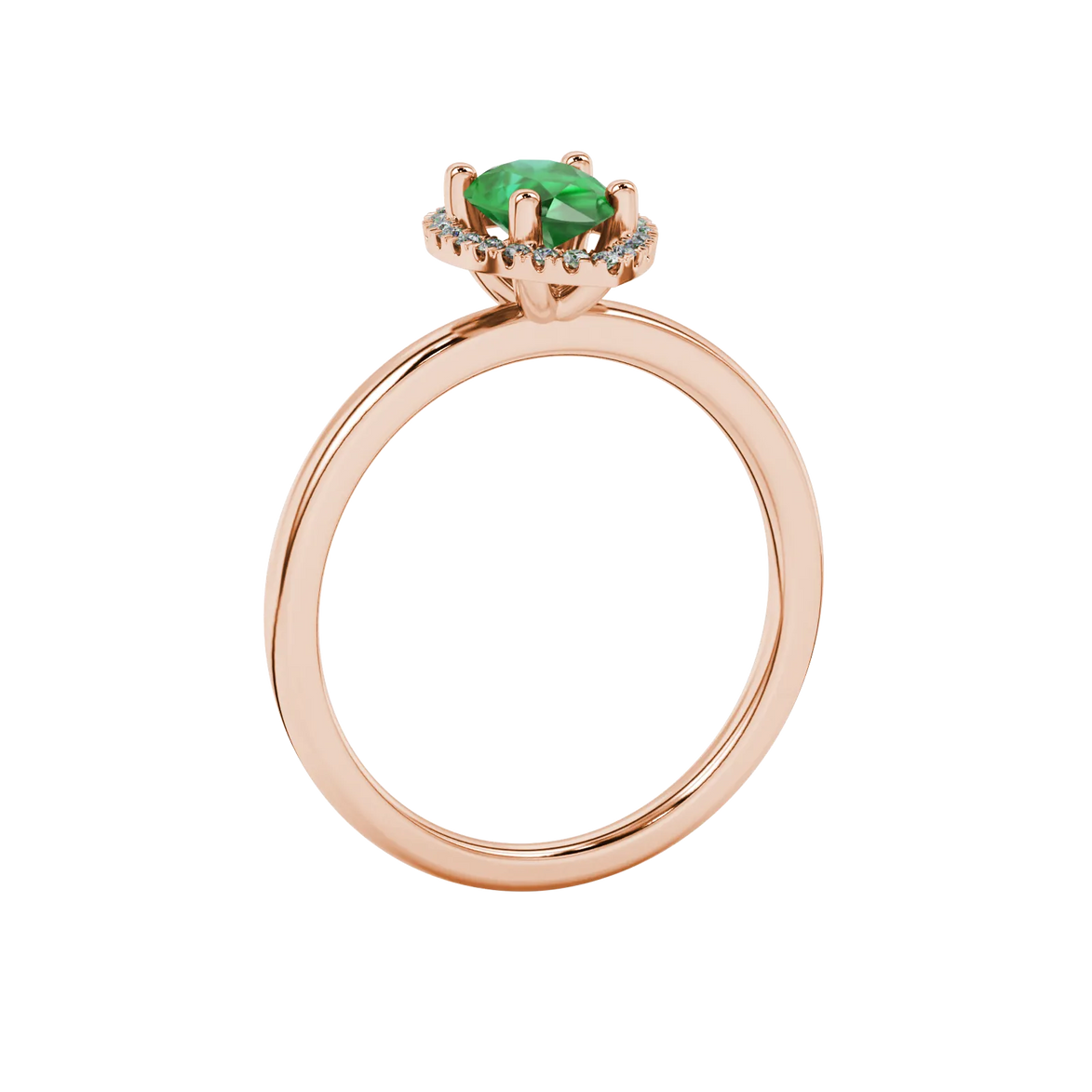 Pear shape emerald green gemstone ring, rose gold french pavé halo setting.