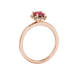 Side profile, rose gold raspberry red ring, french pavé halo gallery.