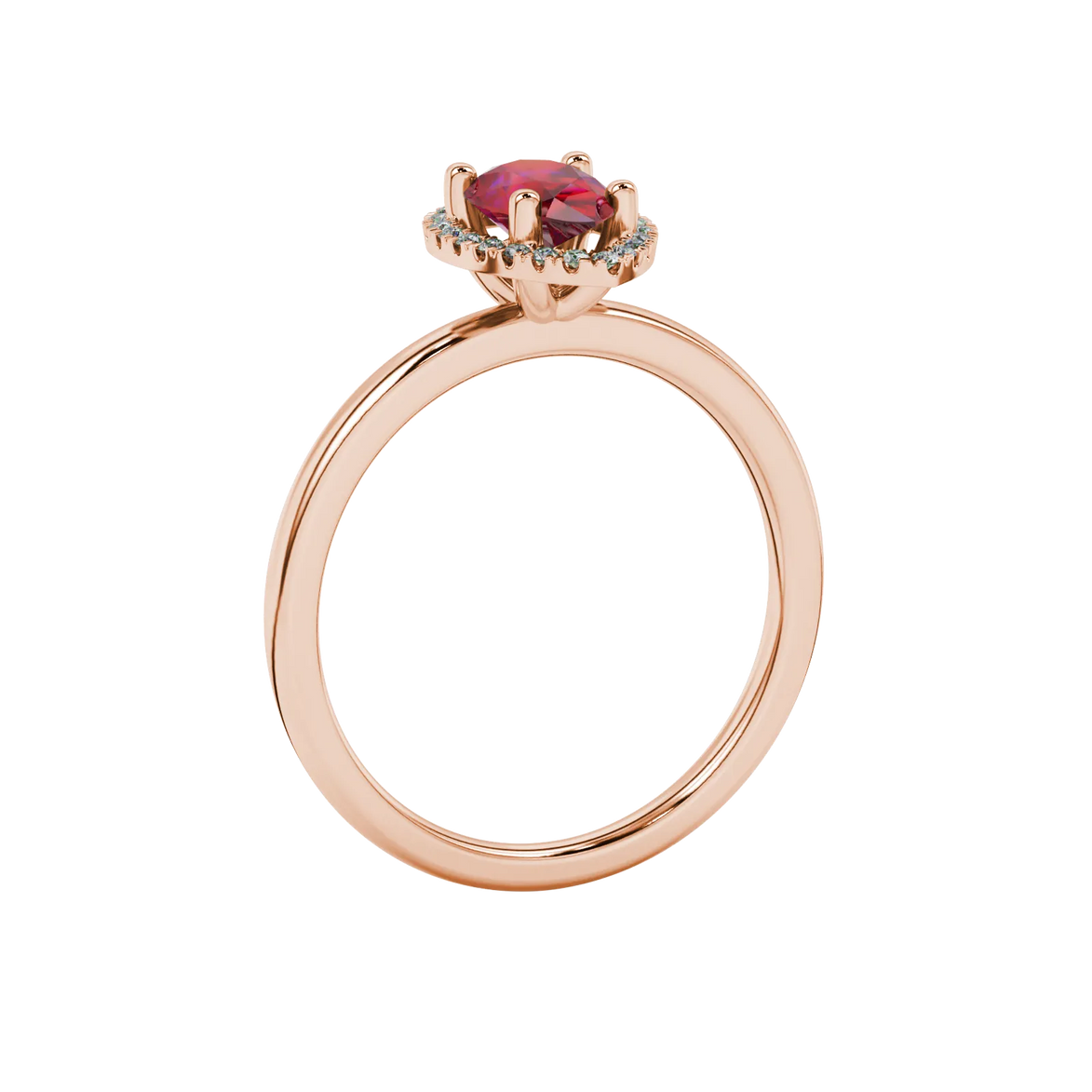 Side profile, rose gold raspberry red ring, french pavé halo gallery.