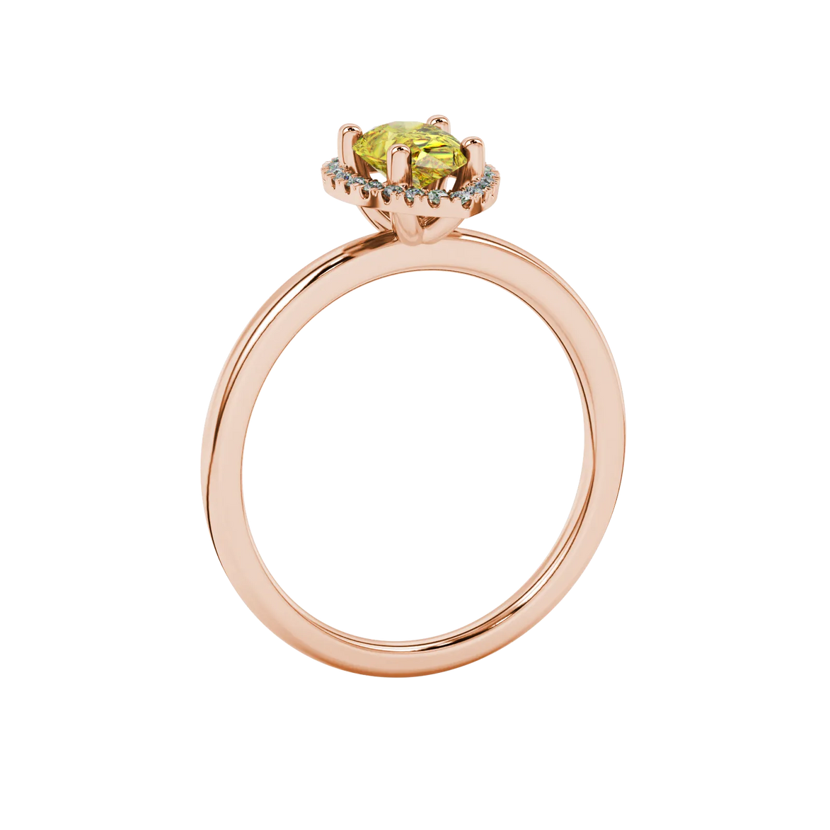 Side profile, rose gold canary yellow ring, french pavé halo gallery.