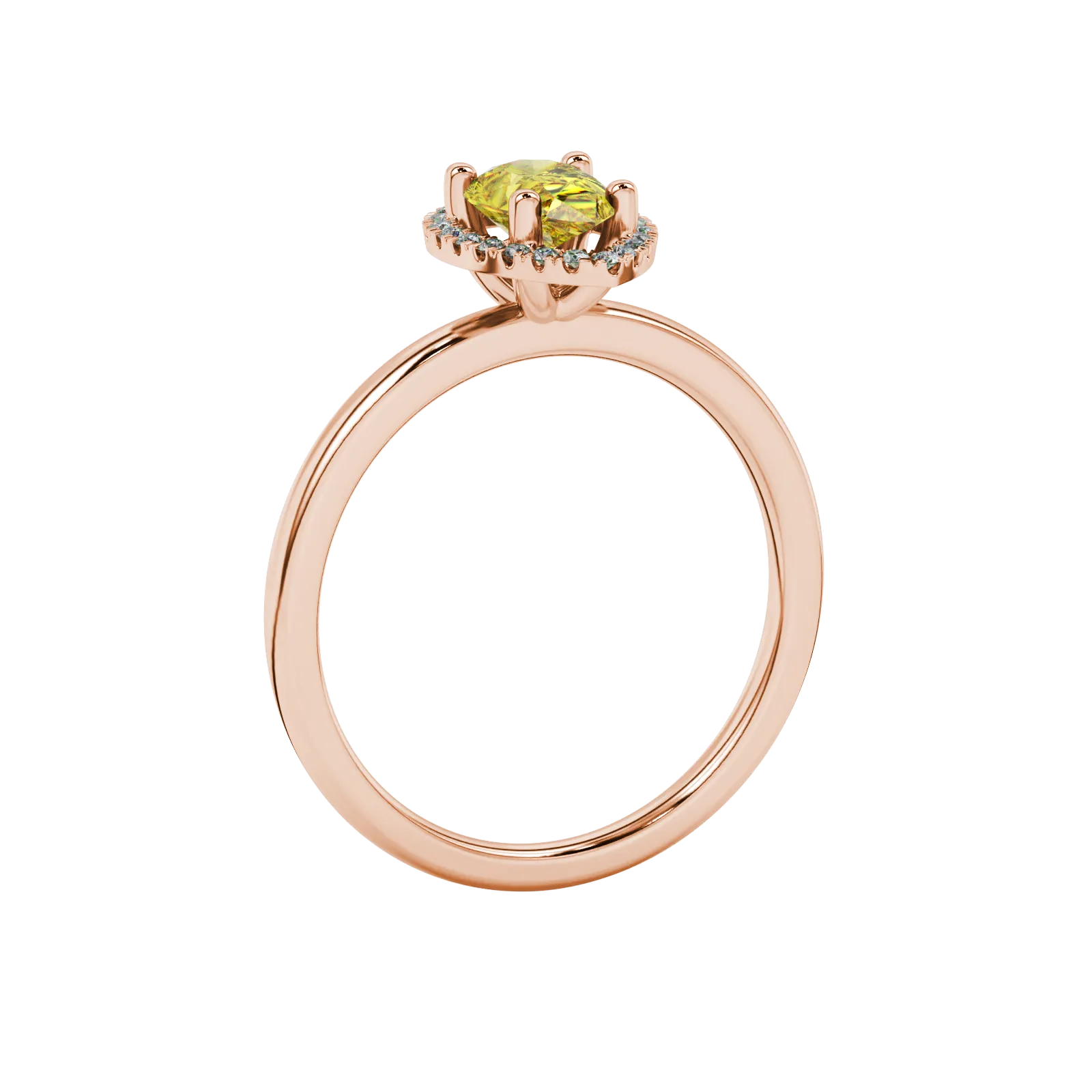 Side profile, rose gold canary yellow ring, french pavé halo gallery.
