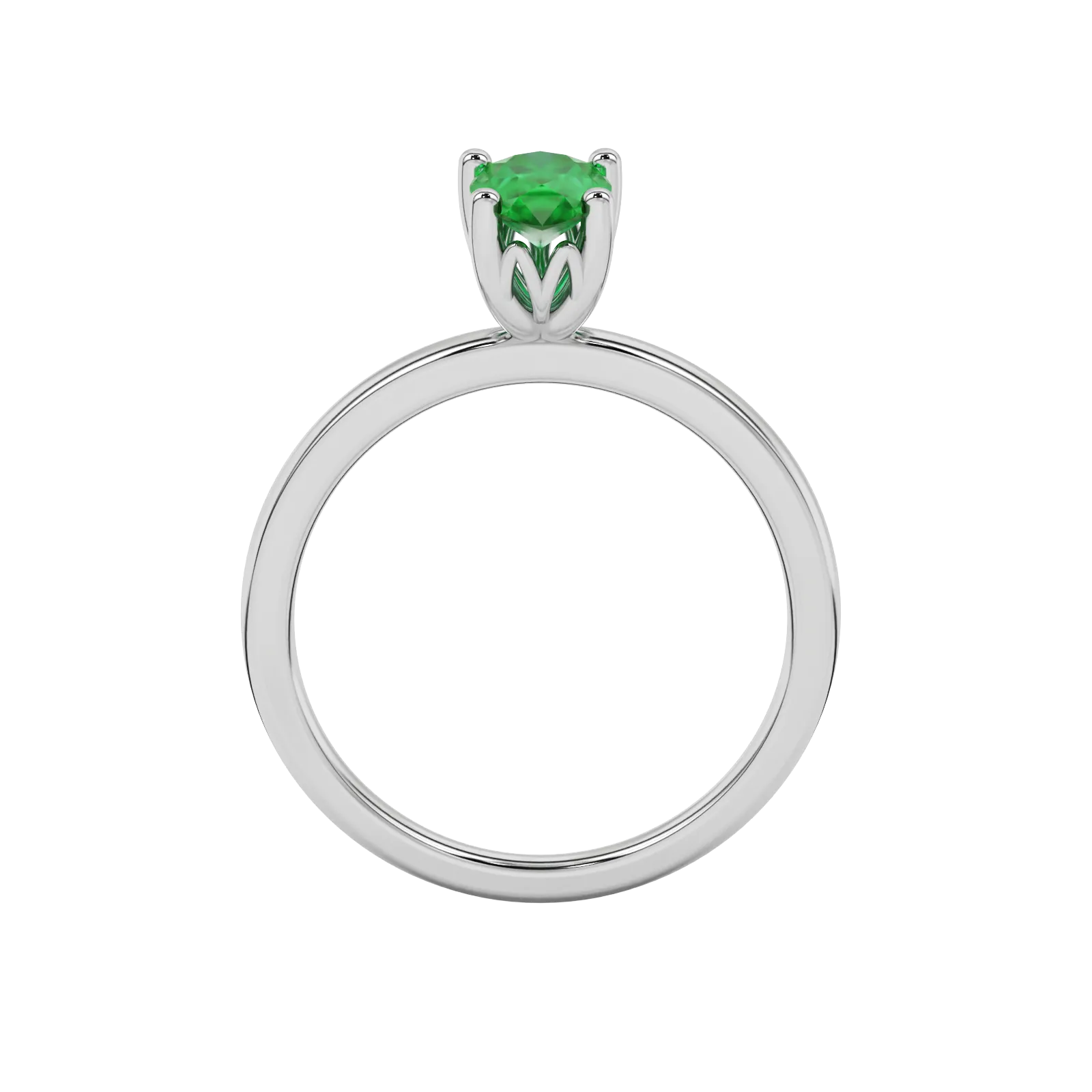 Side profile, white gold emerald green ring, lotus basket gallery.