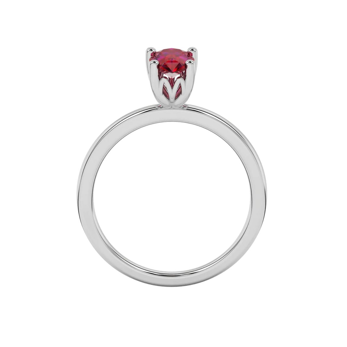 Pear shape raspberry red gemstone ring, white gold lotus basket setting.