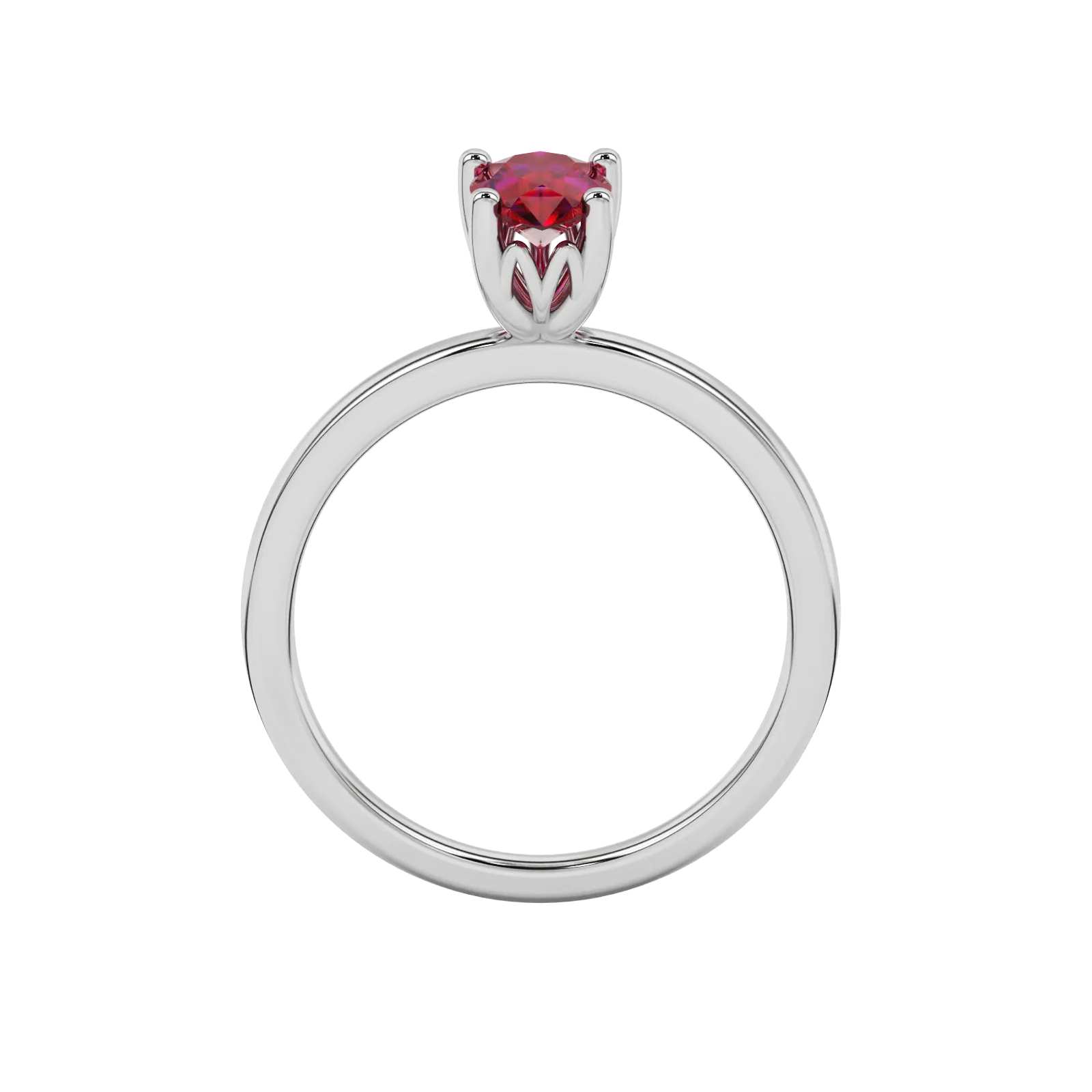 Pear shape raspberry red gemstone ring, white gold lotus basket setting.