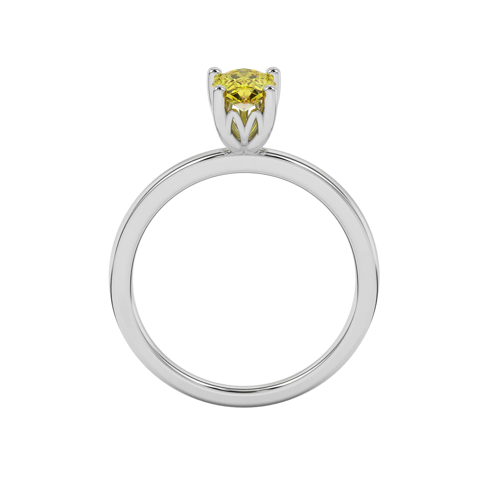 Pear shape canary yellow gemstone ring, white gold lotus basket setting.