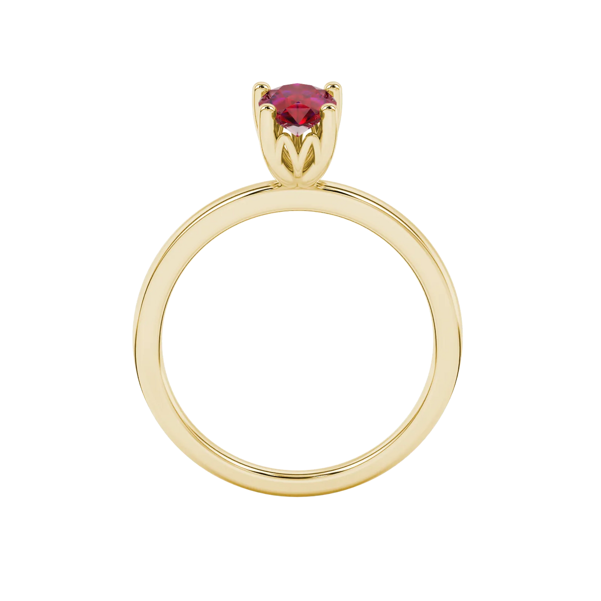 Pear shape raspberry red gemstone ring, yellow gold lotus basket setting.