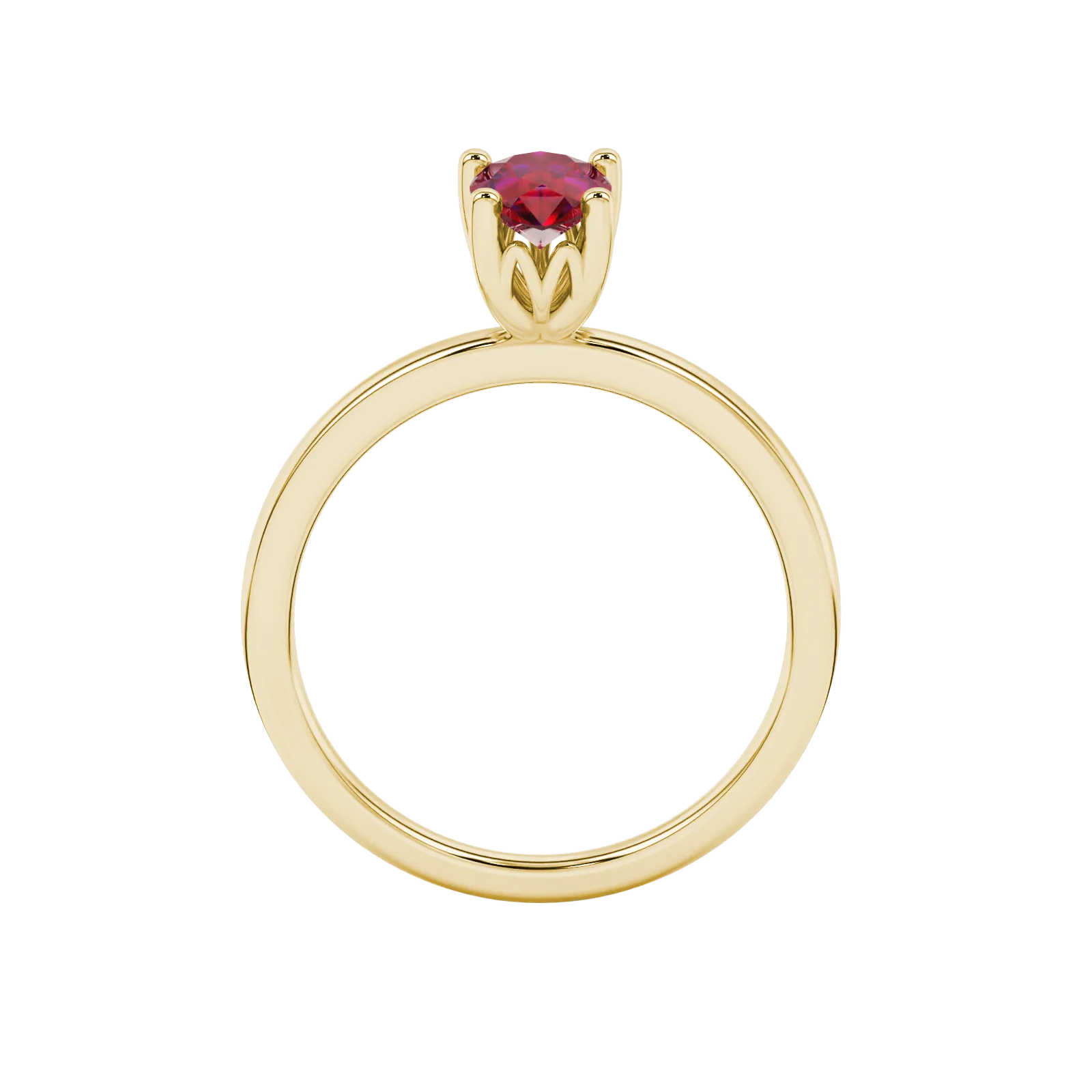 Pear shape raspberry red gemstone ring, yellow gold lotus basket setting.