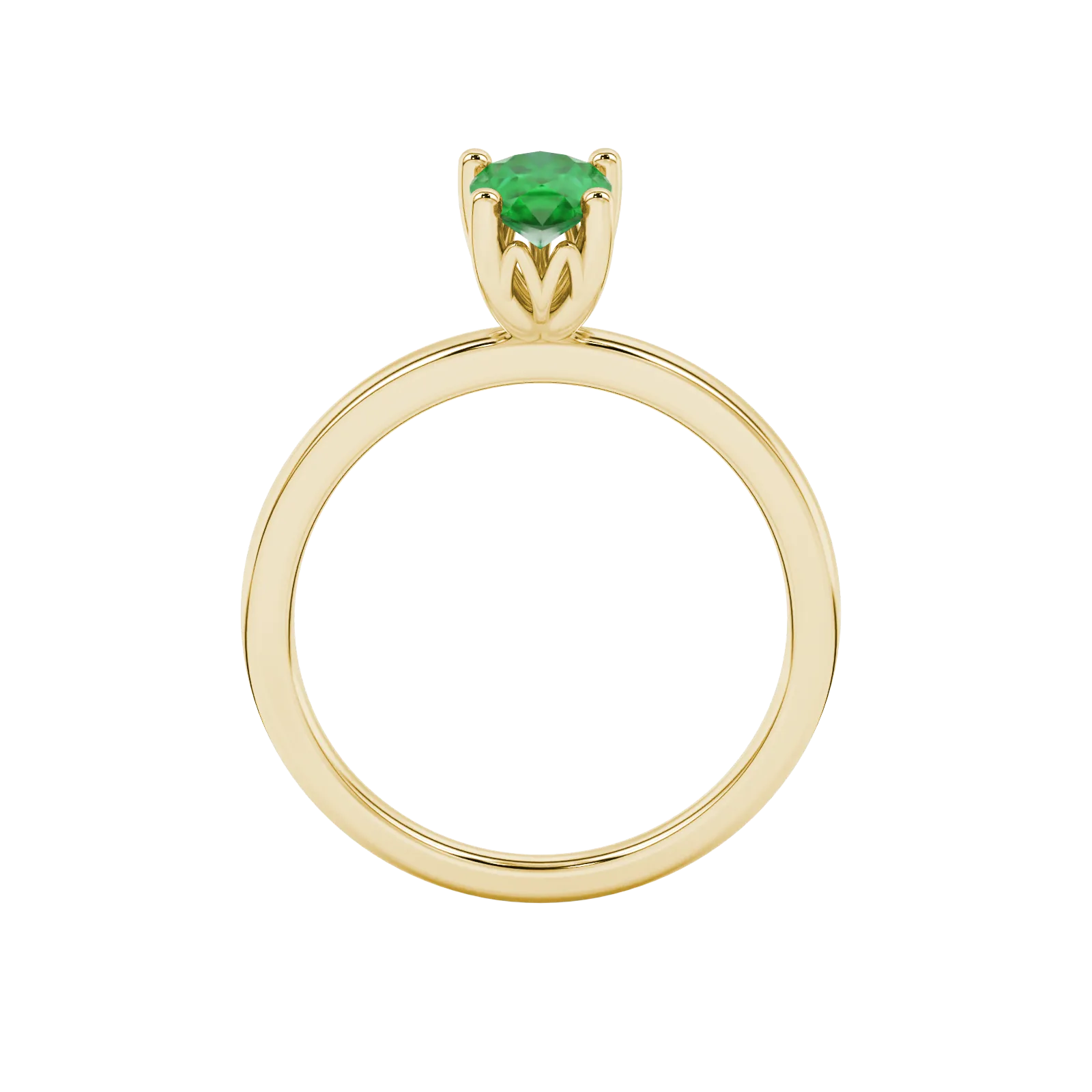 Pear shape emerald green gemstone ring, yellow gold lotus basket setting.