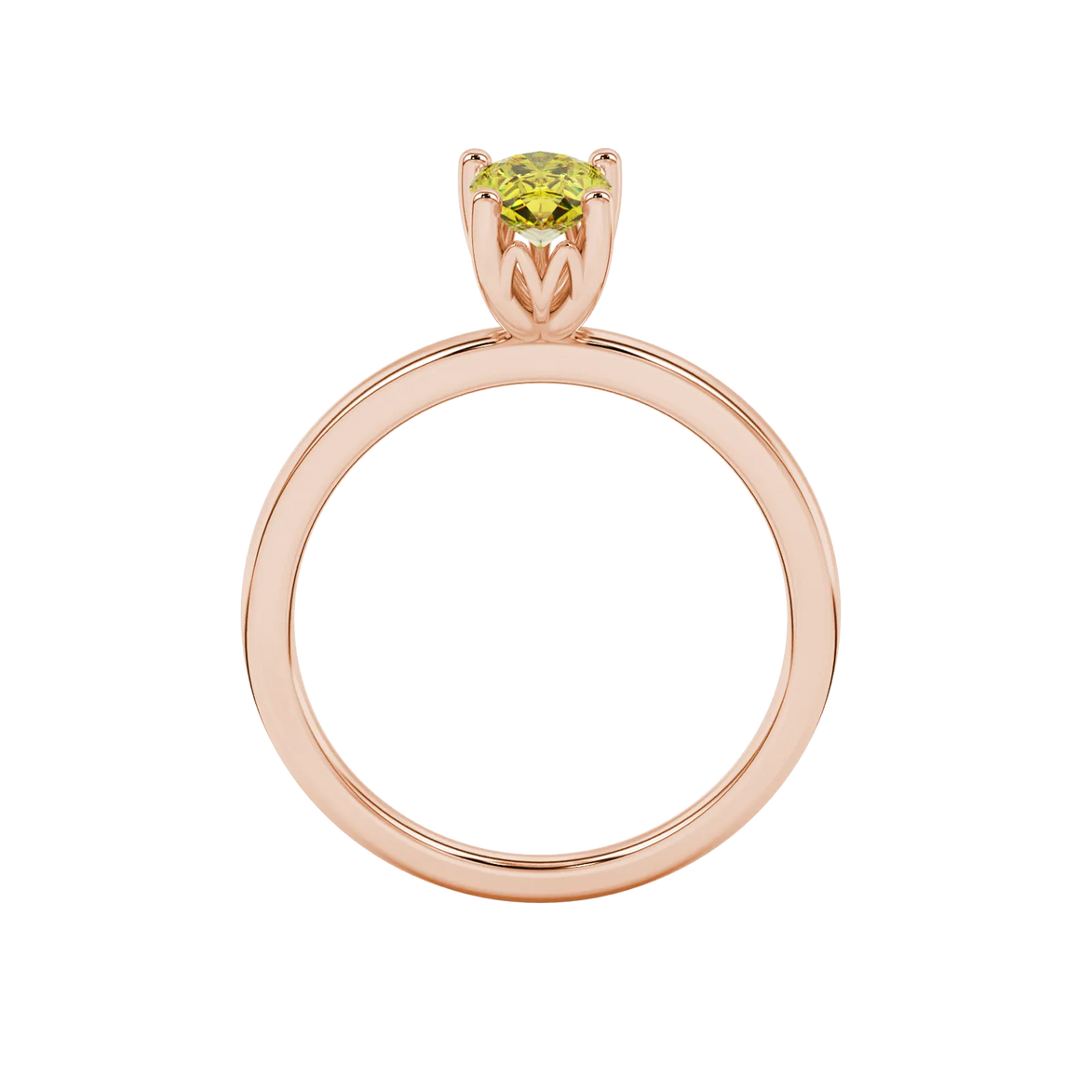 Pear shape canary yellow gemstone ring, rose gold lotus basket setting.