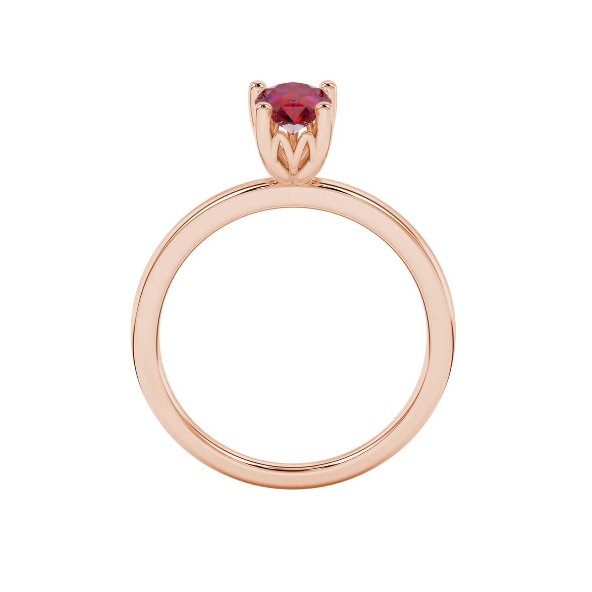 Pear shape raspberry red gemstone ring, rose gold lotus basket setting.