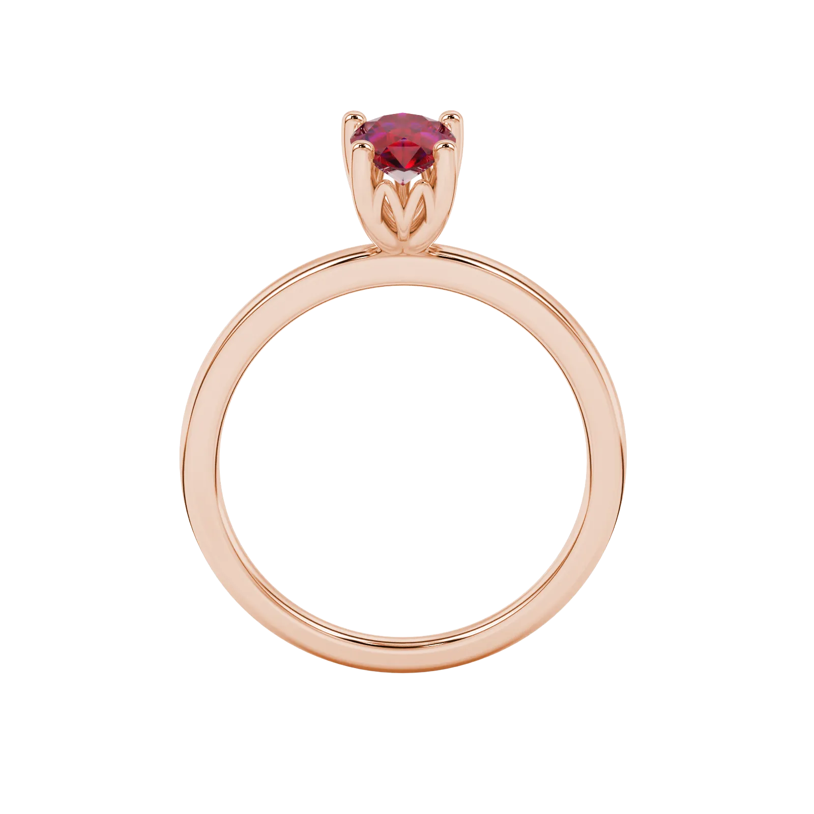 Pear shape raspberry red gemstone ring, rose gold lotus basket setting.
