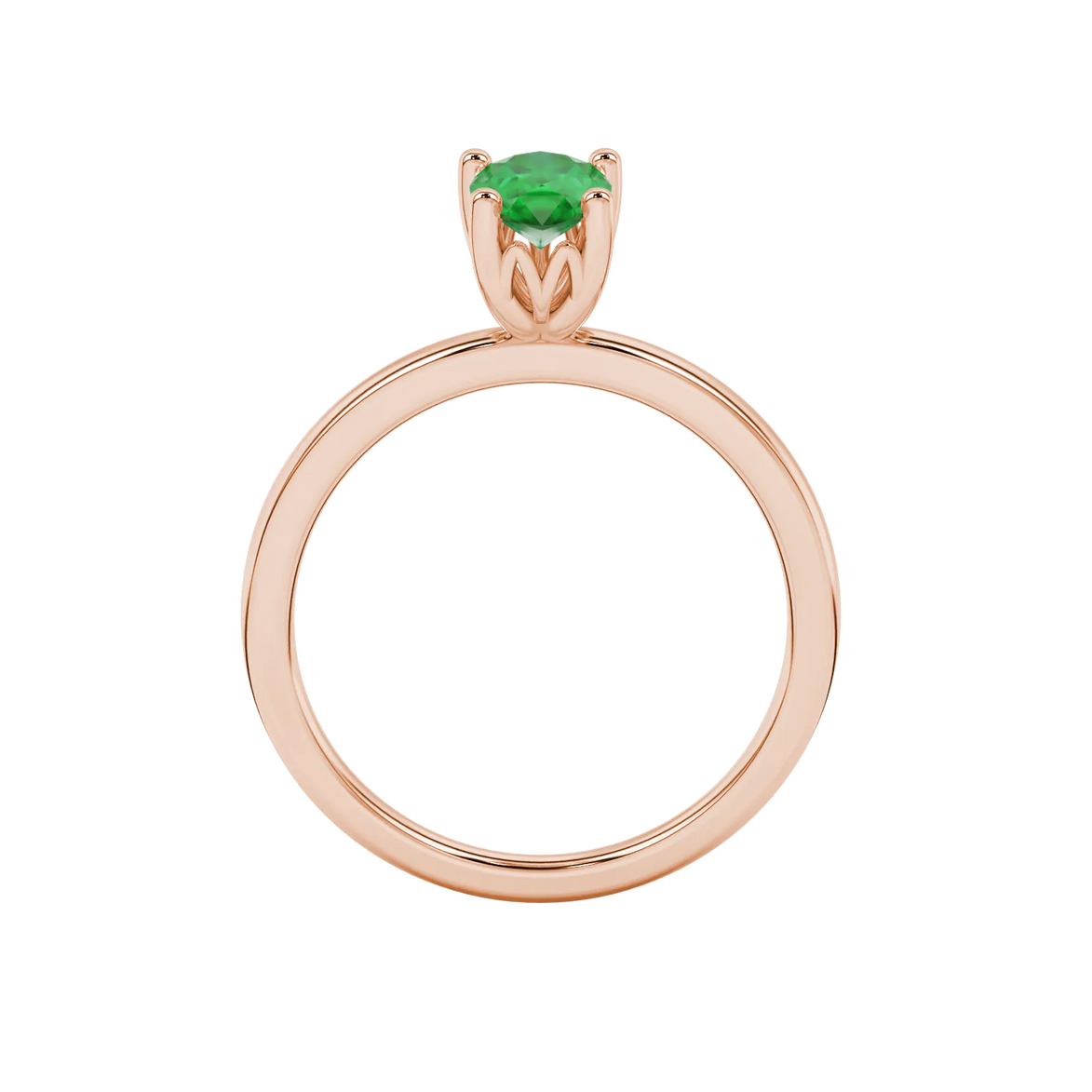 Pear shape emerald green gemstone ring, rose gold lotus basket setting.