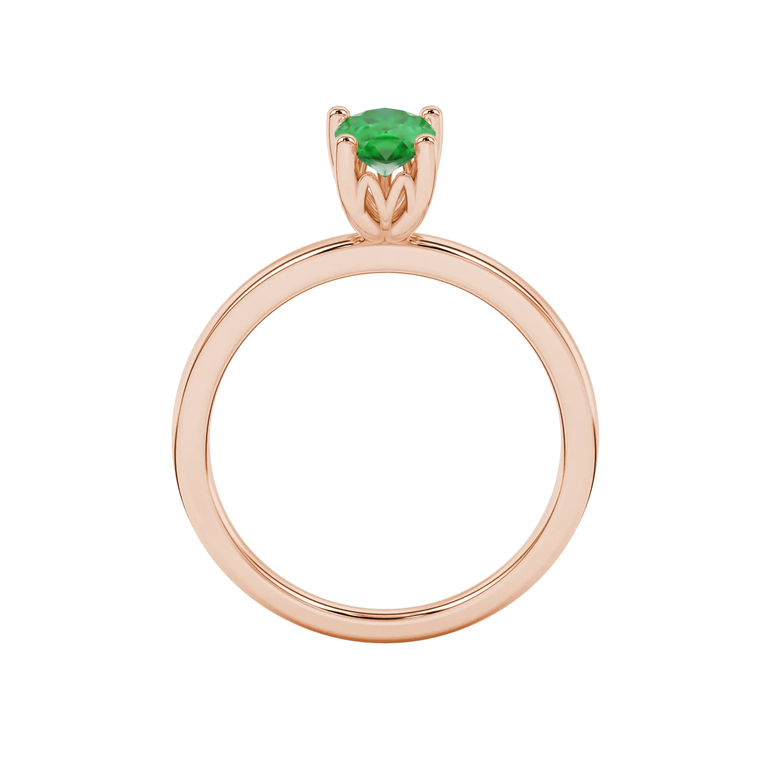 Pear shape emerald green gemstone ring, rose gold lotus basket setting.