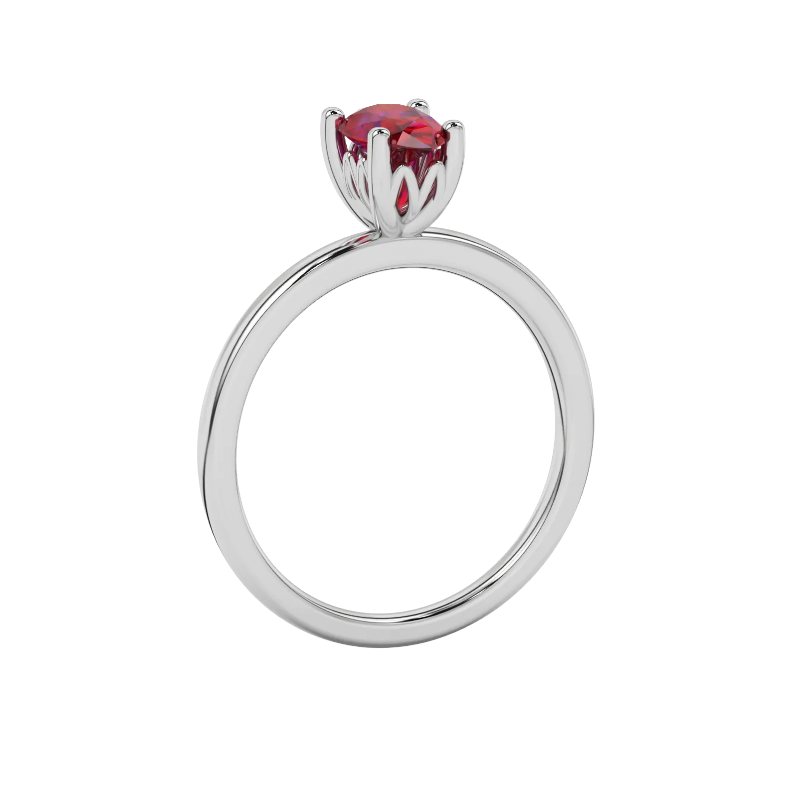 Side profile, white gold raspberry red ring, lotus basket gallery.