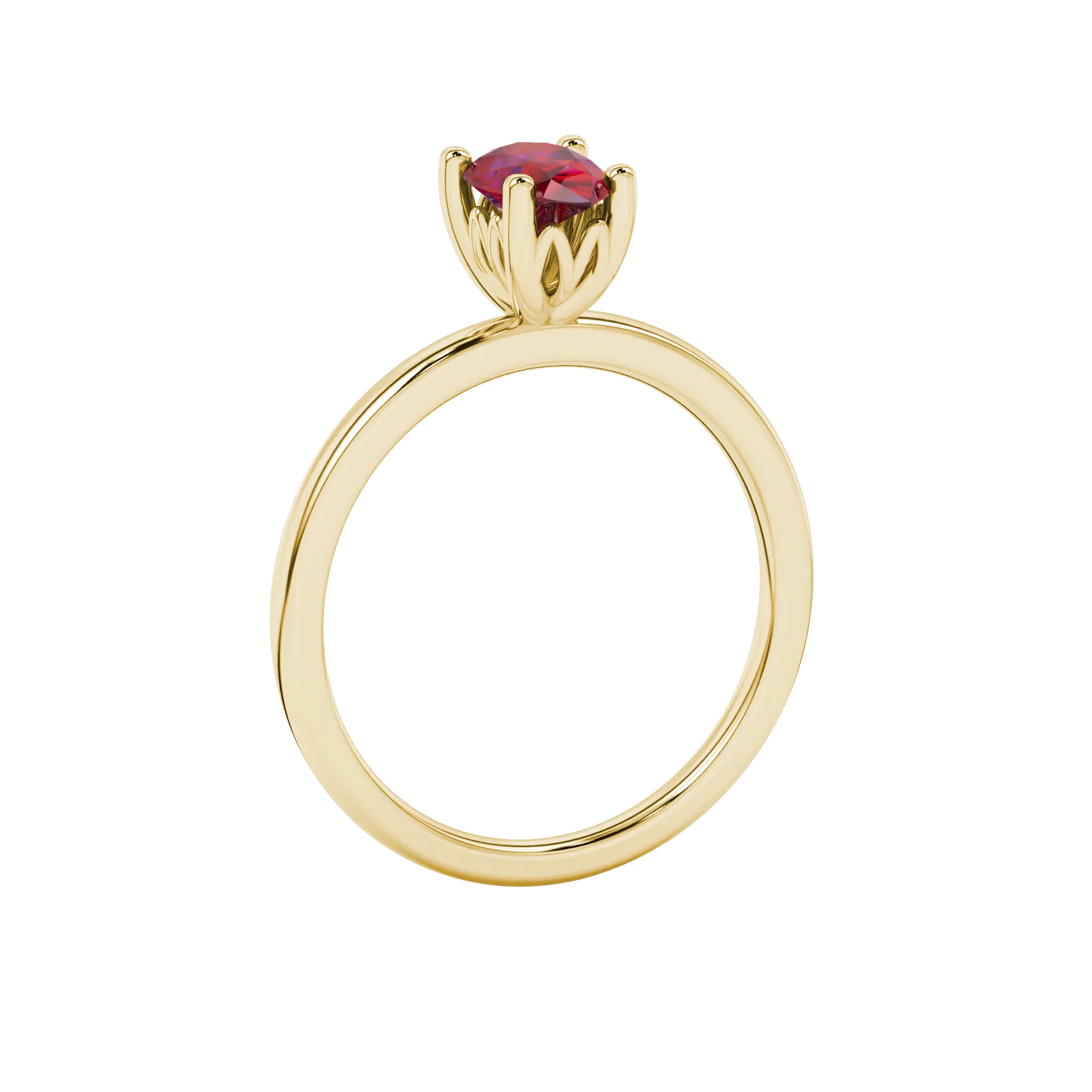 Side profile, yellow gold raspberry red ring, lotus basket gallery.