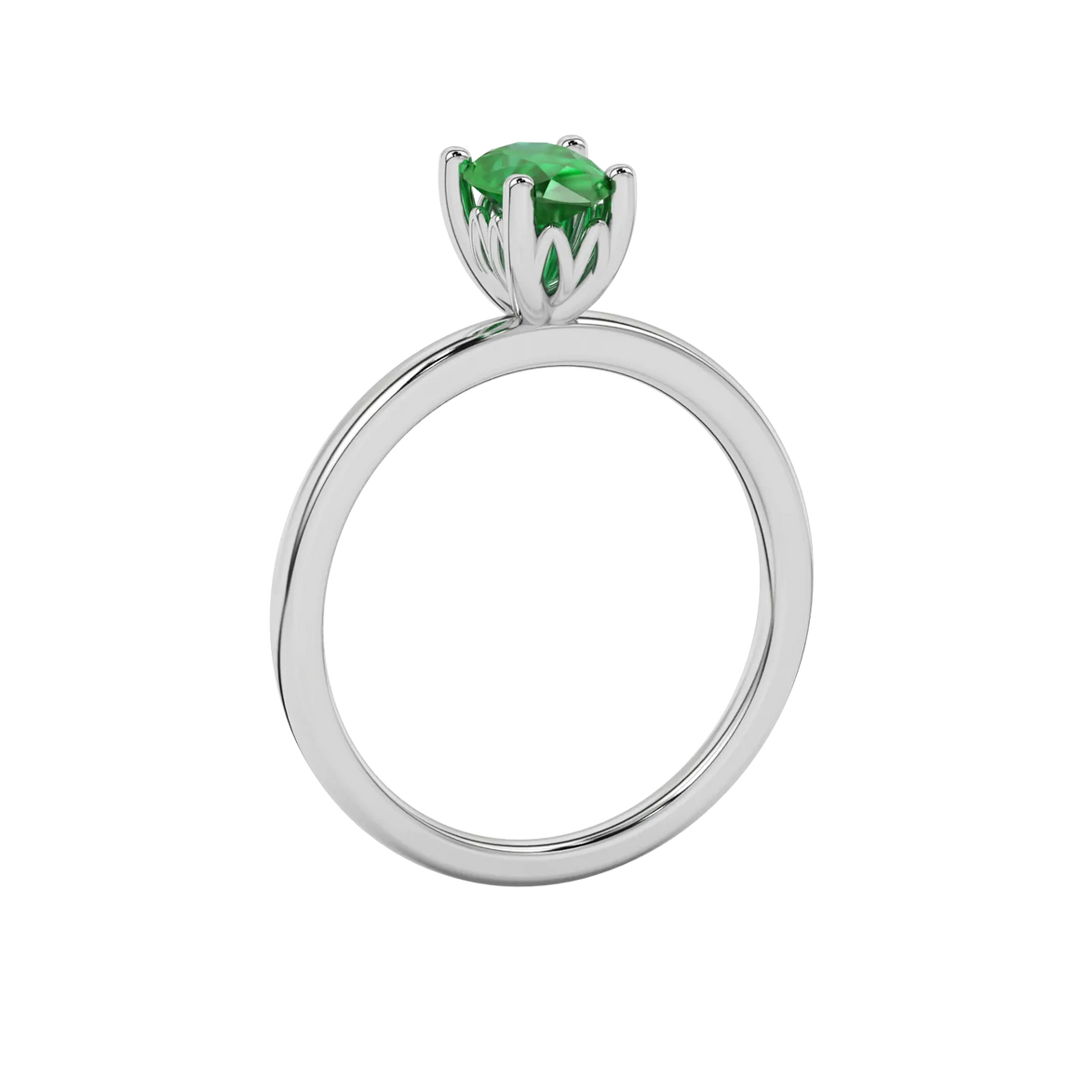 Pear shape emerald green gemstone ring, white gold lotus basket setting.