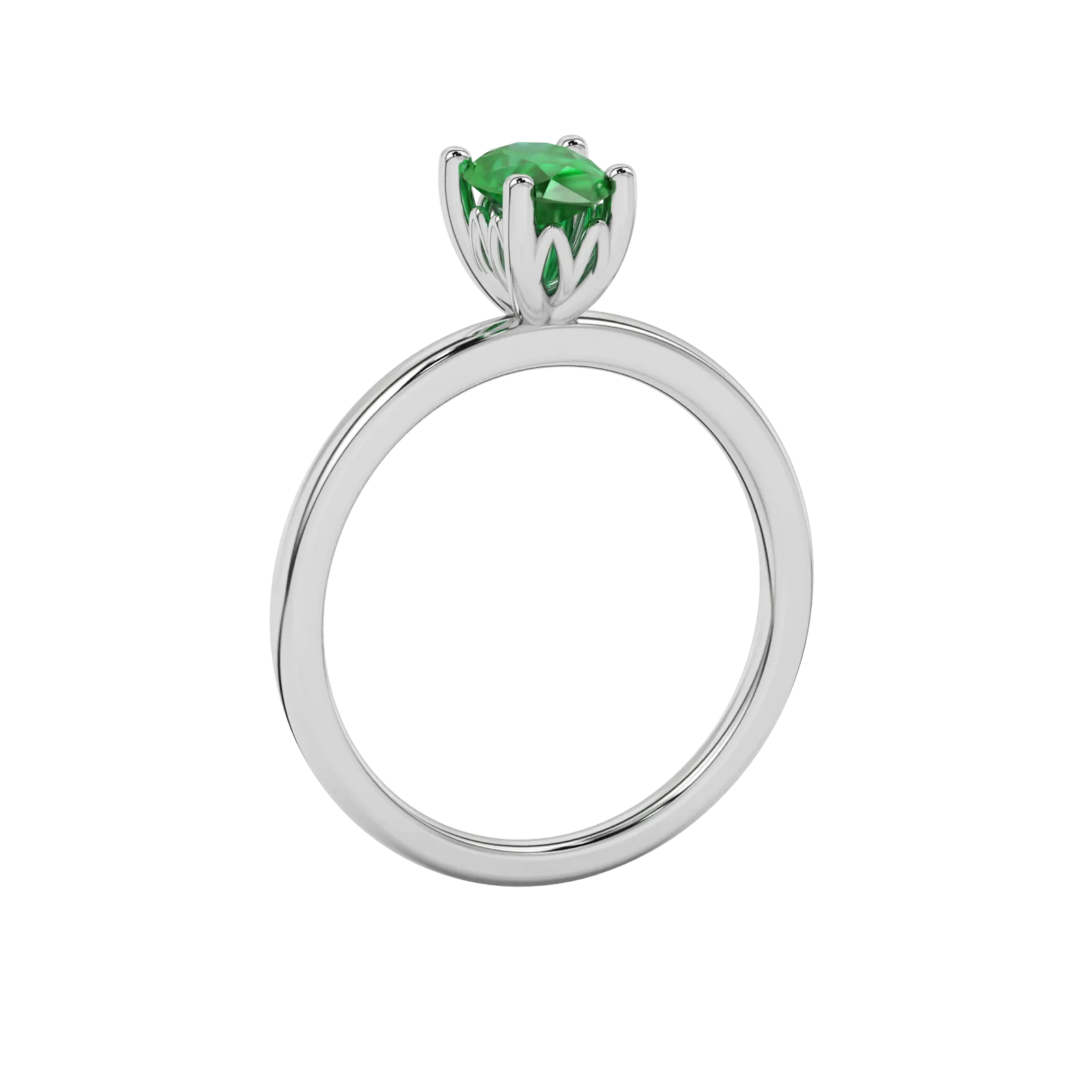 Pear shape emerald green gemstone ring, white gold lotus basket setting.