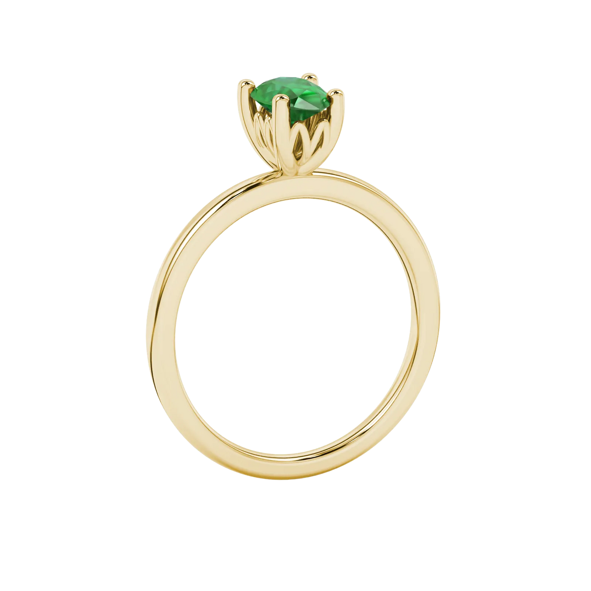 Side profile, yellow gold emerald green ring, lotus basket gallery.
