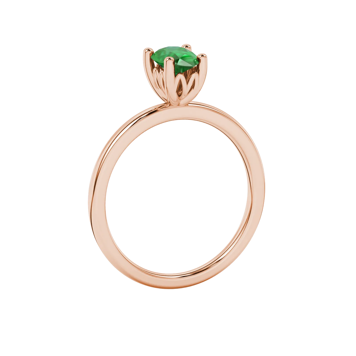 Side profile, rose gold emerald green ring, lotus basket gallery.