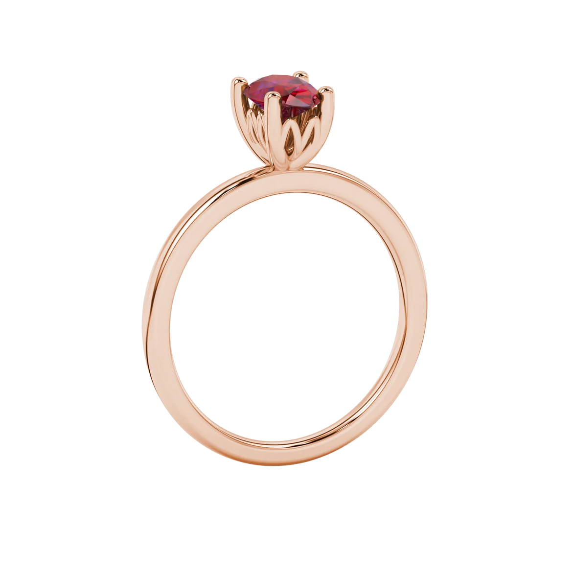 Side profile, rose gold raspberry red ring, lotus basket gallery.