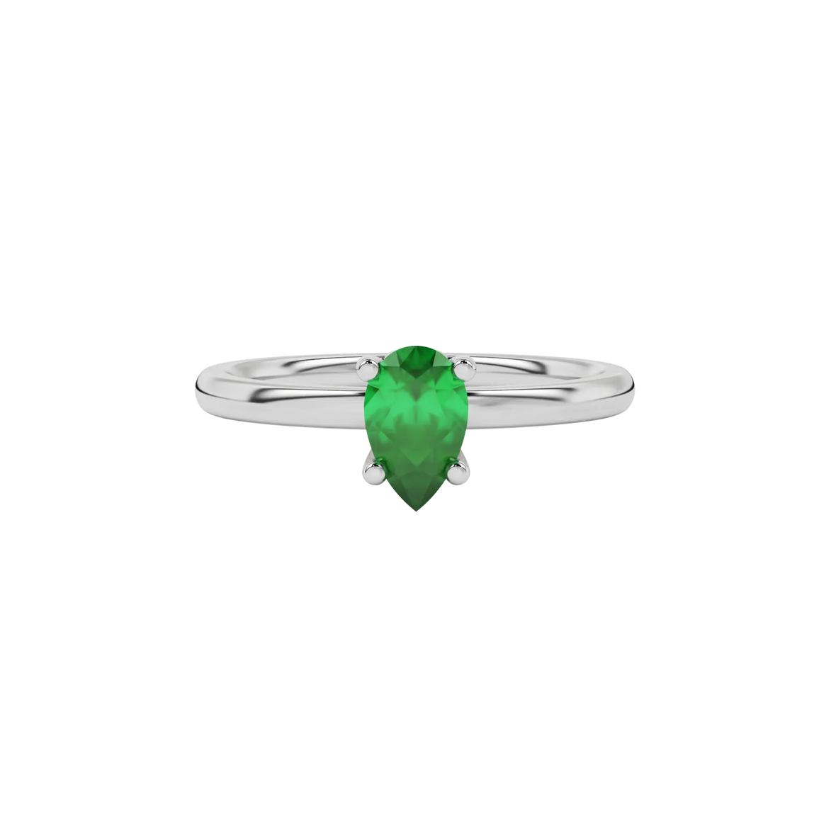 Close-up emerald green gemstone ring, white gold lotus basket.